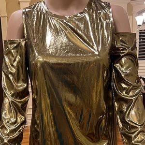 Michael Kors Shoulder off Sleeves Foil Knit Blouse.shiny/ shimmery , sleek.new